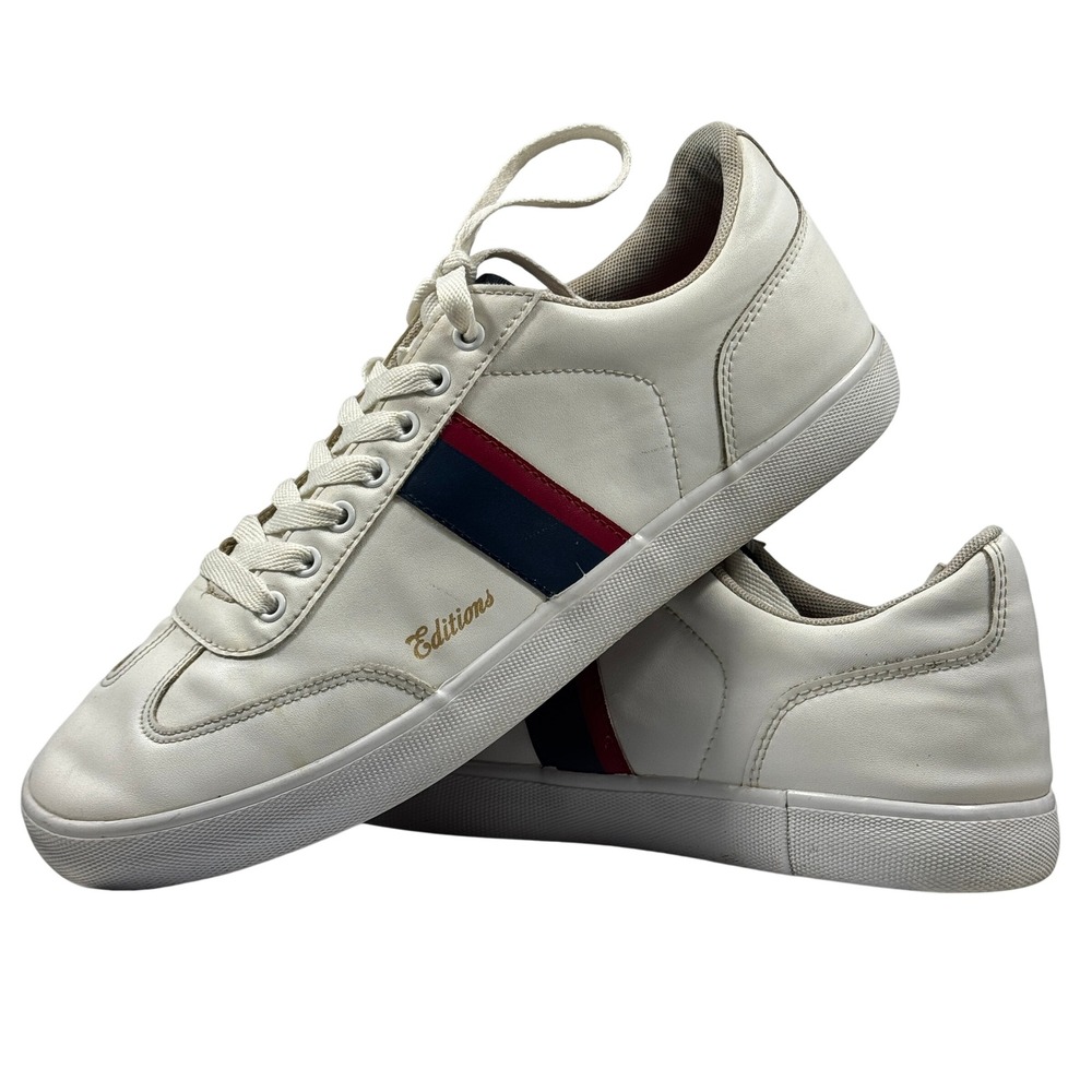 H&M Editions Mens Low Top Sneakers 9 White Navy Red Stripe Faux Leather